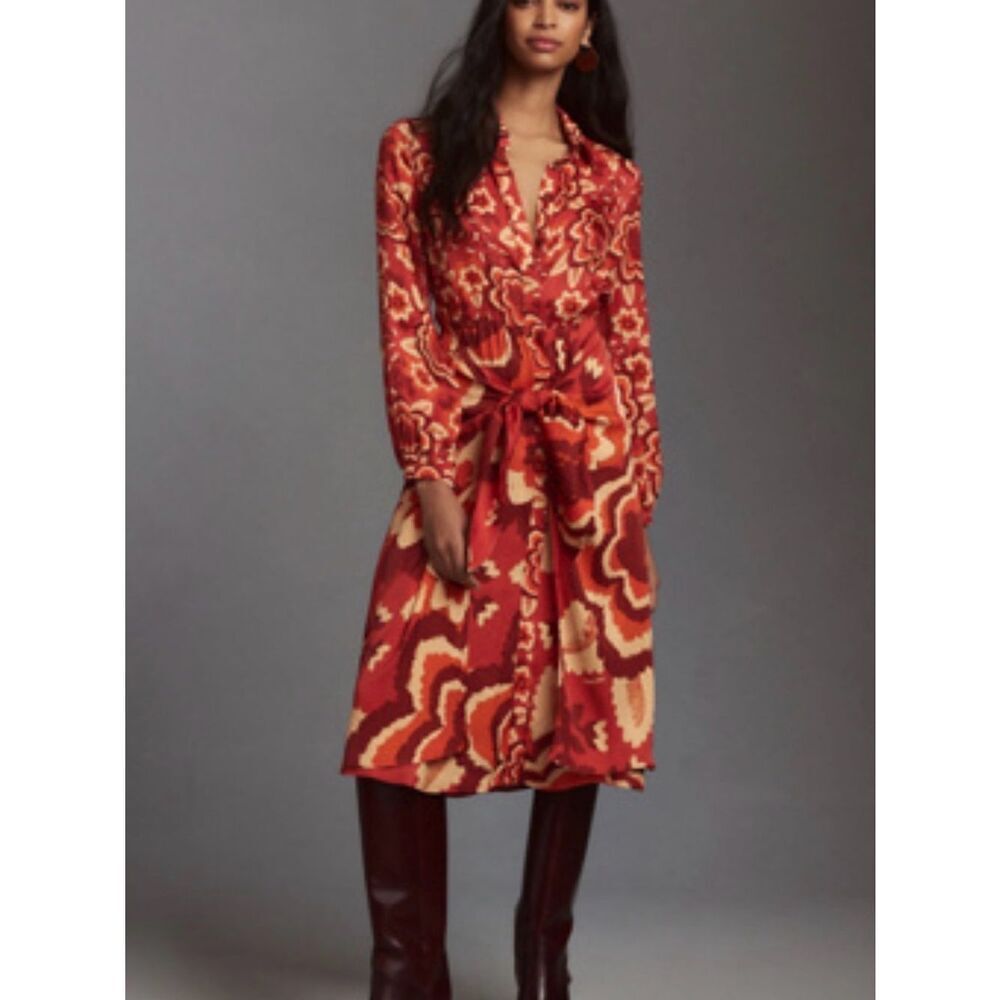 Farm Rio Long-Sleeve V-Neck Floral Midi Shirt Dress